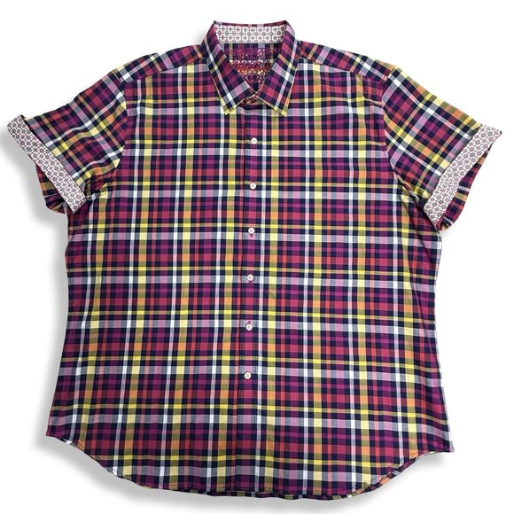 Robert Graham Shirt Mens 3XL Plaid Button Up Short Sleeve Contrast Cuff Cotton - Picture 12 of 13